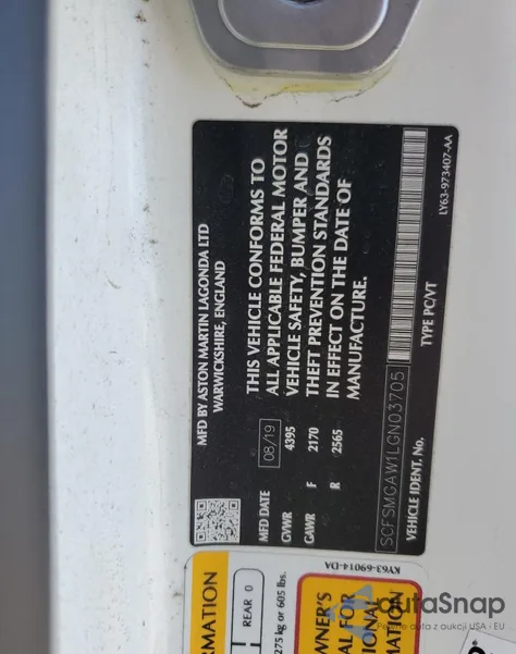 2020 Aston Martin Vantage из США, поврежденный, VIN SCFSMGAW1LGN03705